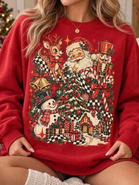 Christmas Sweatshirt Vintage Santa Snowman Reindeer Red Size S-5XL for Christmas